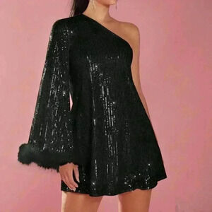 Black Party Women's Faux Fur Oblique Shoulder Long Sleeve Short Casual Dress